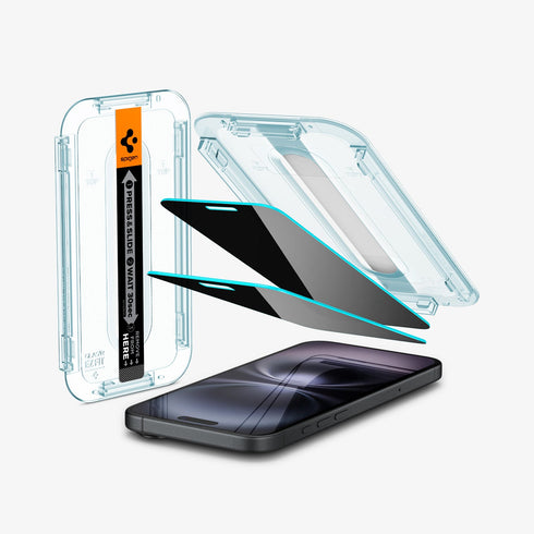 מגן מסך לסדרת iPhone 16 מבית Spigen GLAS.tR EZ Fit Privacy